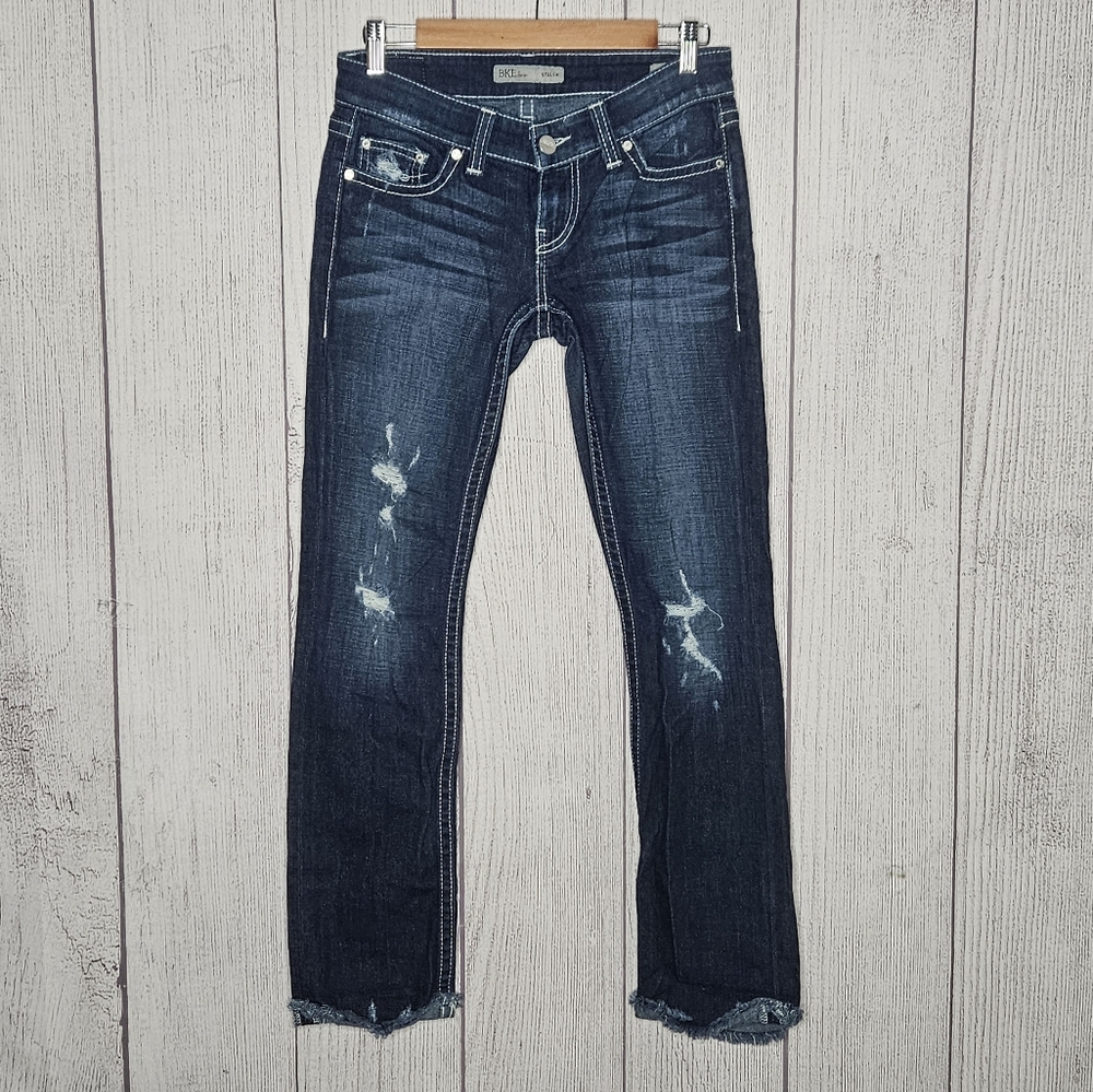 BKE Denim Stella Distressed Dark Wash Straight Stretch Jeans BKC 1535, sz 27